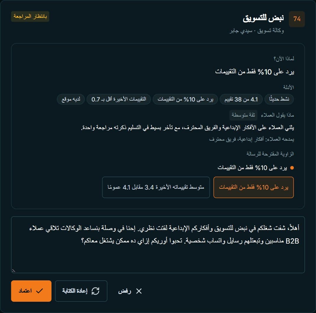 شاشة مراجعة في وصلة: ملف العميل والرسالة المقترحة